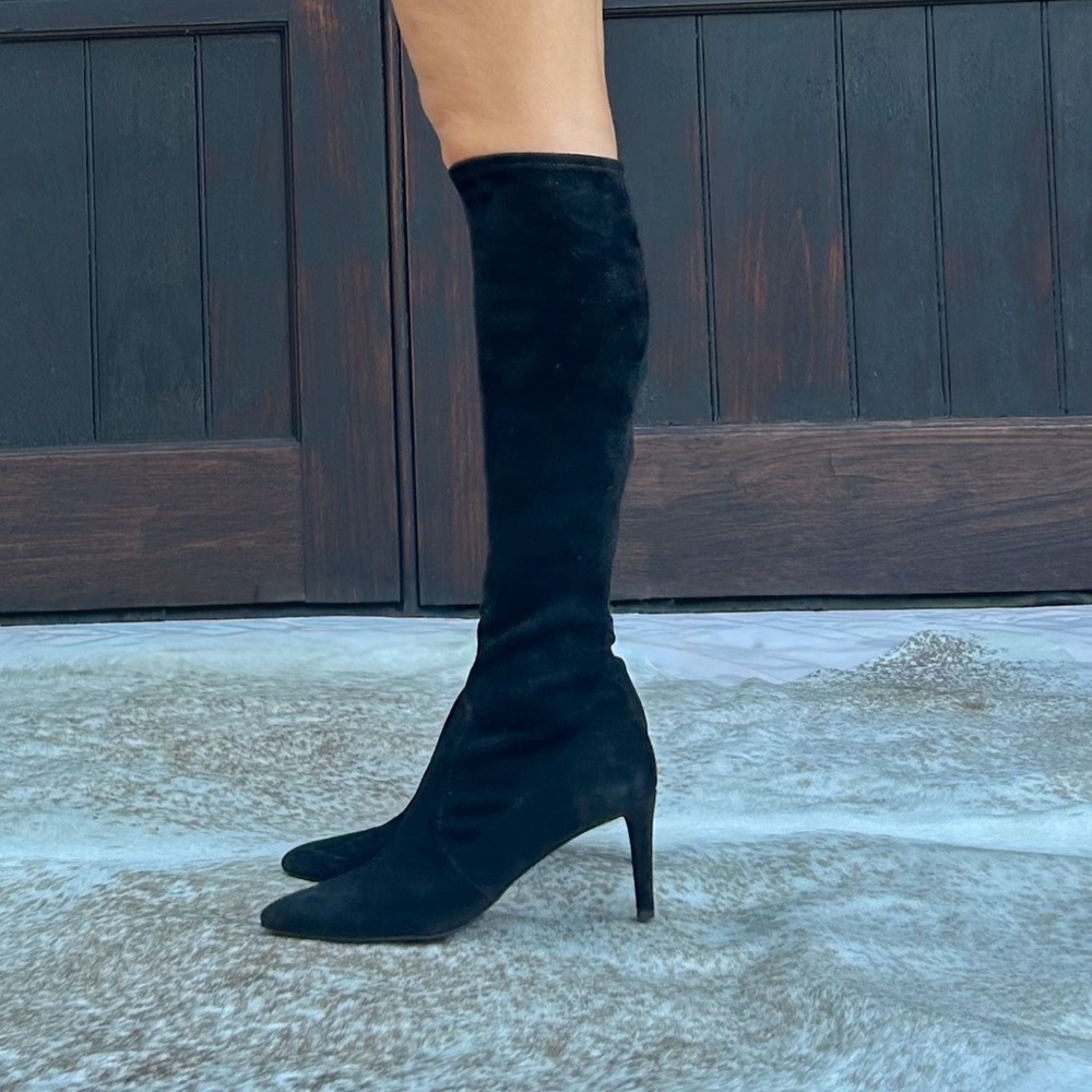 Stuart Weitzman Black Suede Knee High Sock Boots